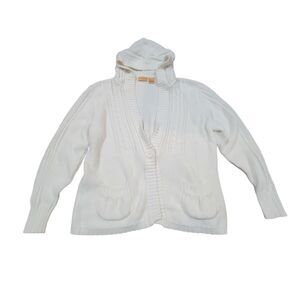 NorthCrest White Cotton Knit Cardigan Sweater Womens XL Cable Pocket Cottage